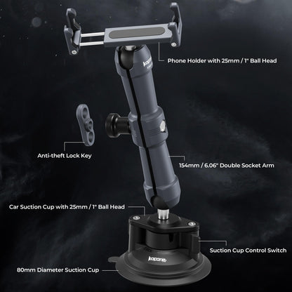 KAPARNER Universal Car Phone Mount, with 25mm Ball Magic Arm and 360° Rotation Phone Holder, Suction Cup Windshield & Dashboard Mount, for iPhone/Samsung/Android, Fits Phone Width 2.56-3.74"(KPS-10)