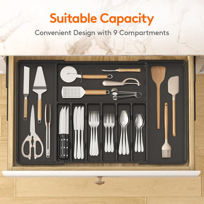 Lifewit Silverware Drawer Organizer, Expandable Utensil Tray for Kitchen, BPA Free Flatware and Cutlery Holder, Adjustable Plastic Storage for Spoons Forks Knives, 8.5"-14.1" x 12.1", Black