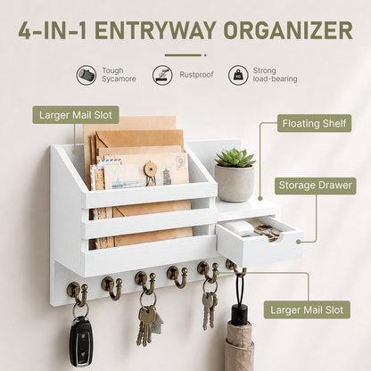 FifthQuarter Key Holder Wall Mount: Key and Mail Holder for Wall with 6 Hooks and Storage Drawer, Easy Installation Key Rack for Entryway Home Decor (A-White)