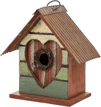 Glitzhome Bird House for Outdoor, 8.75" H Decorative Pet Cottage Distressed Heart Garden Wooden Birdhouse for Outside, Hanging Birdhouse for Bluebird Hummingbird Wren Finch Cardinals Cedar