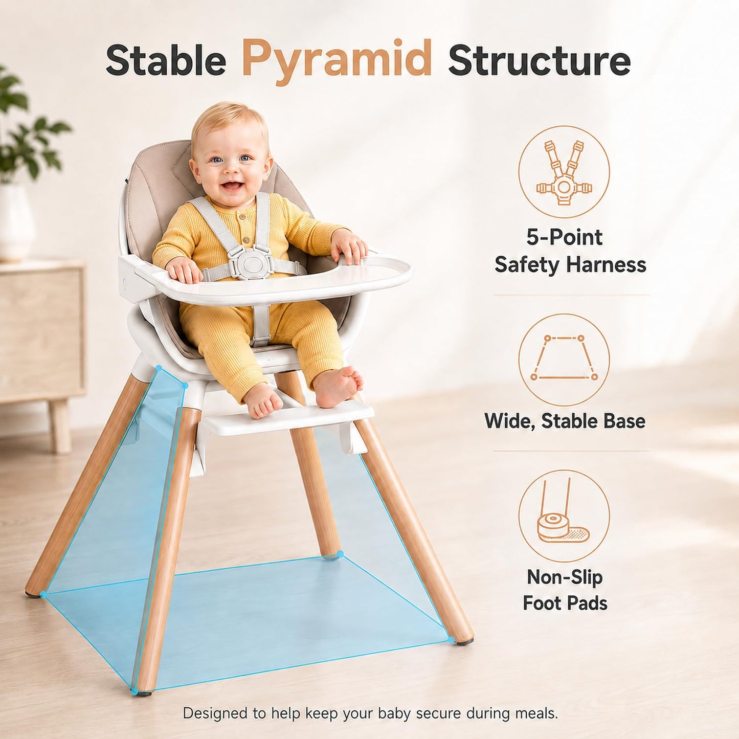 DDIOYIUR Baby High Chair, 6 in 1 Convertible High Chairs for Babies and Toddlers, Easy Clean Highchair with Removable Double Tray, 5-Point Harness, Reversible Footrest, Beech Wood Legs, Champagne