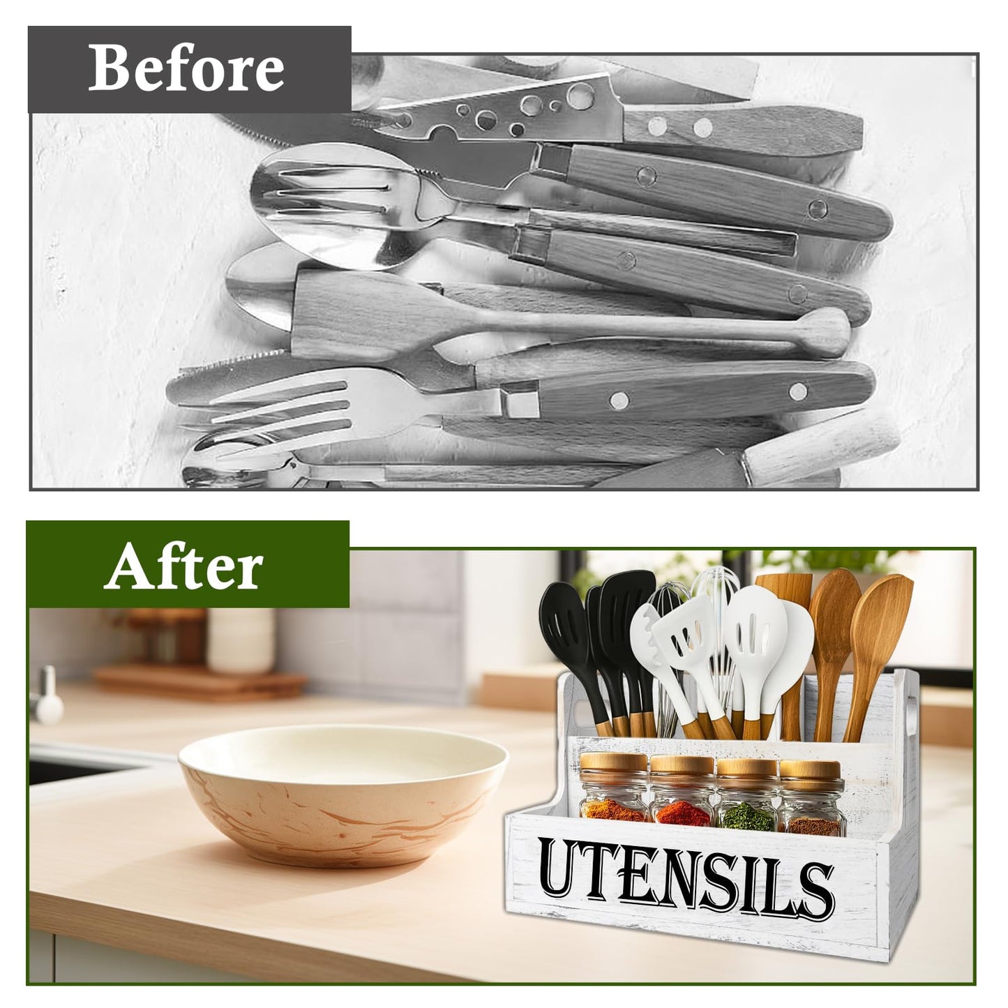 Gachiwar Utensil Holder, Extra Large Kitchen Utensils Holder with 4 Compartments, Wooden Utensil Organizer for Kitchen Countertop, Farmhouse Decor, Rustic Cooking Utensils