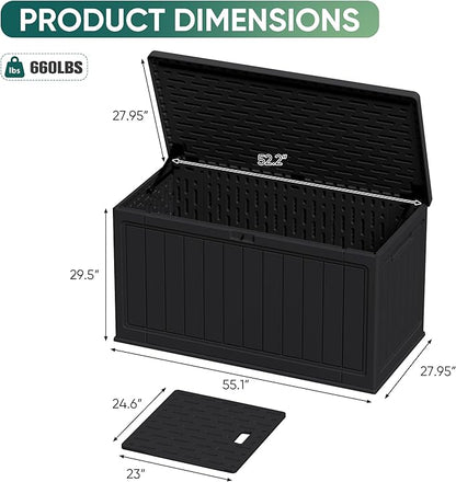 JUMMICO 160 Gallon Resin Outdoor Storage Deck Box with Divider, Waterproof Storage Box&Bench with Lockable Lid for Garden Tools, Pools Supplies (Black)