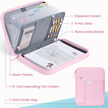 Sooez Zipper Binder Bag, 1 Inch Binders 3 Ring O-Ring, 5-Tab Dividers Expanding File Folder, 500-Sheet Capacity Three Ring Binder, Gray