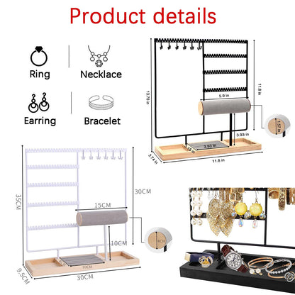 HINIHAO Earring Holder,5-Tier Ear Stud Holder with Wooden Tray, Jewelry Tower Rack with 108 Holes, 12 Hooks Necklaces Hanging, for Bracelets Earrings Rings Watches (Black)