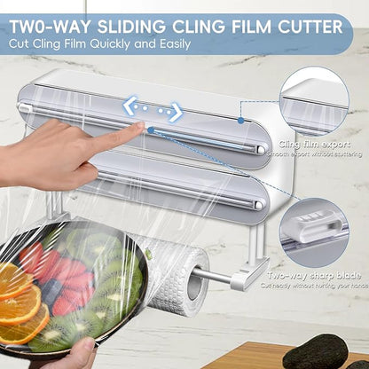 Magnetic Plastic Wrap Dispenser with Cutter,3 in 1 Aluminum Foil and Plastic wrap Organizer with Paper,Wall Mount Kitchen Wrap Dispenser - Fits 12" Roll, White (Wooden)