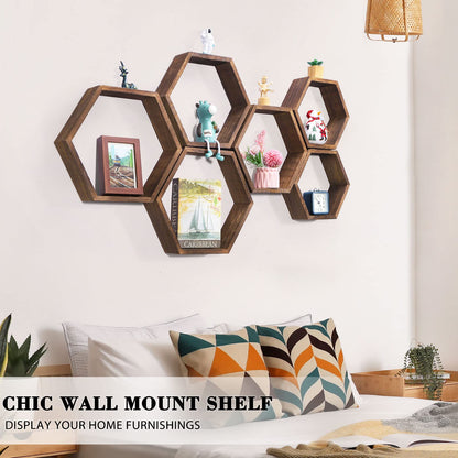 NOVIMANGO Hexagon Floating Shelves Set of 6 Honeycomb Shelves for Wall Wood Farmhouse Storage Home Decor Shelf Wall Mounted Wooden Hexagonal Shelves for Bedroom Living Room Nursery, Rustic Brown