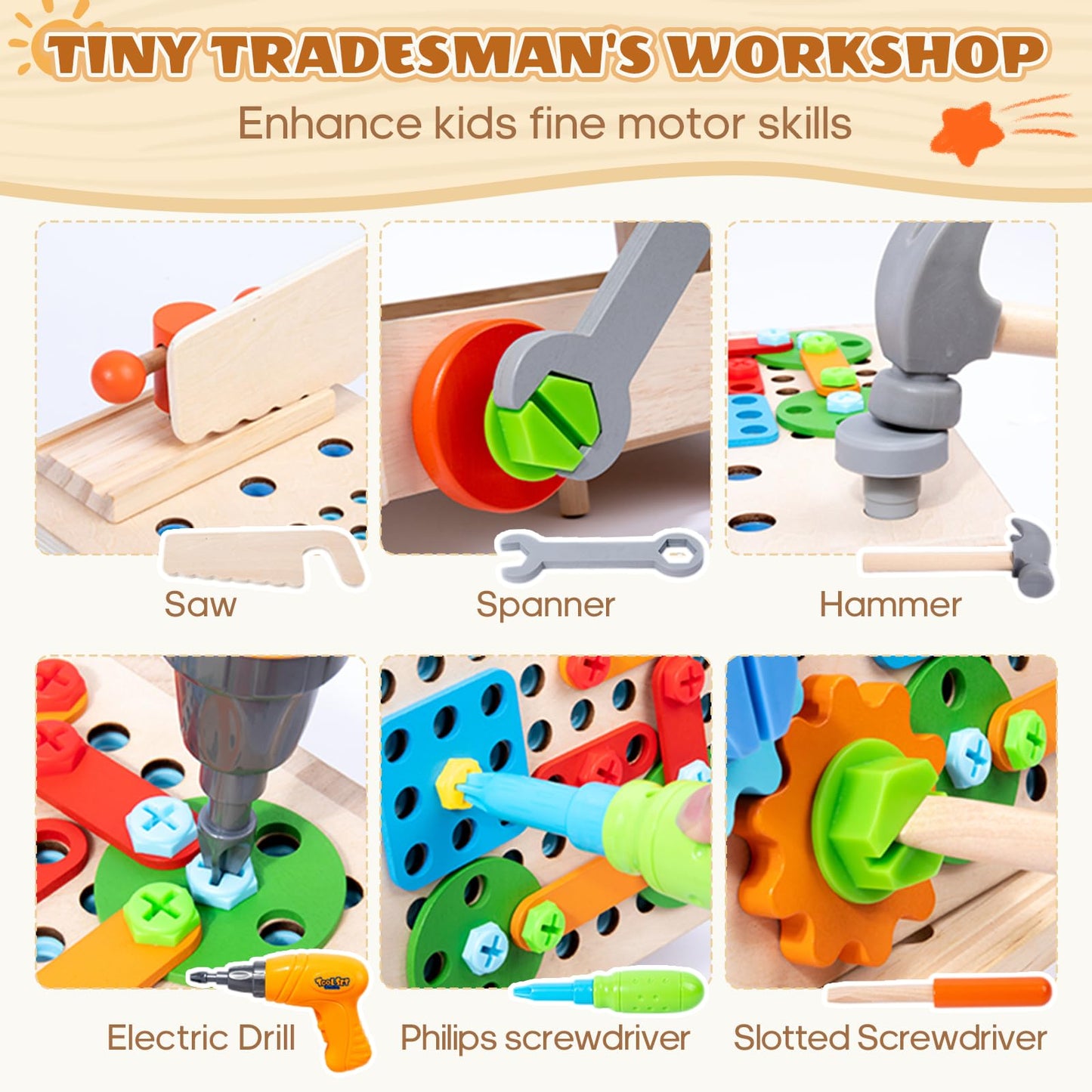 Brownroot Kids Wooden Tool Set, Toddler Workbench with Toy Drill & Storage Cart, STEM Construction Building Toys, Montessori Gift for Boys Girls 3-6
