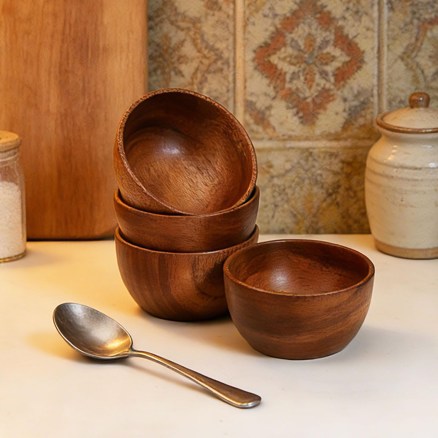 MeowAroma Solid Acacia Wood Bowls Set of 4, 4 Inch Wooden Serving Bowls - Handmade Ramekins for Dips, Charcuterie Board, Snacks & Salads | Farmhouse Kitchen Decor & Gift Idea