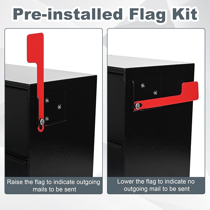 Large Wall Mount Mailbox with Lock and Outgoing Mail Flag for Outside, Steel Locking Security Mail Box with Number Stickers for House Outside, 14.8" x 6.9" x 15.4", Rainproof, Black