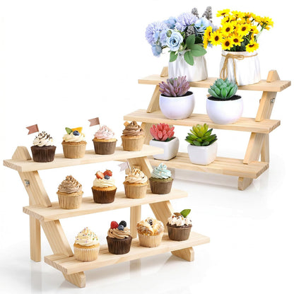 kuyeyzu 2 Pack 3 Tier Wooden Riser, Earring Display for Vendors - Solid Wood Tiered Stand with Groove for Jewelry Cards, Cupcakes, Party Desserts, Retail Booth & Farmers Market