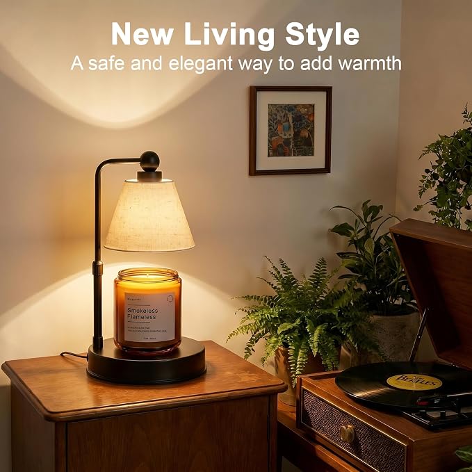 Candle Warmer Lamp with Timer, Dimmable, Adjustable Height, Modern Farmhouse Linen Shade, Black Candle Warming Lamp for Up to 6-Inch Jar Candles, 2 Bulbs Included
