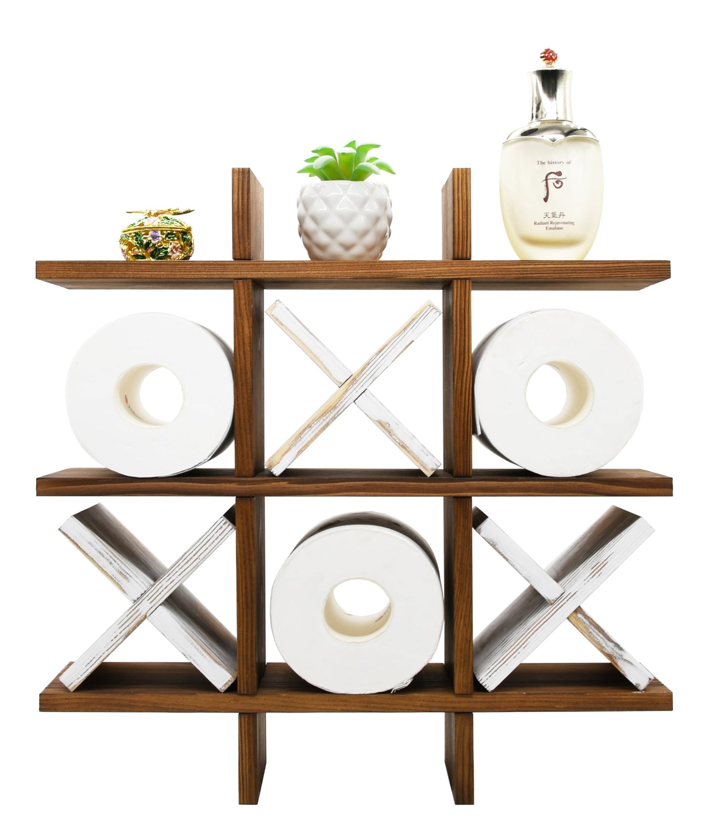 Owlgift Tic Tac Toe Toilet Paper Holder Rack Rustic Burnt Wooden Toilet Paper Storage Bathroom Hanging Storage Wall Mounted Shelves Décor for Toilet Tissue Farmhouse