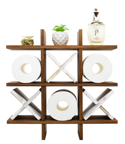 Owlgift Tic Tac Toe Toilet Paper Holder Rack Rustic Burnt Wooden Toilet Paper Storage Bathroom Hanging Storage Wall Mounted Shelves Décor for Toilet Tissue Farmhouse