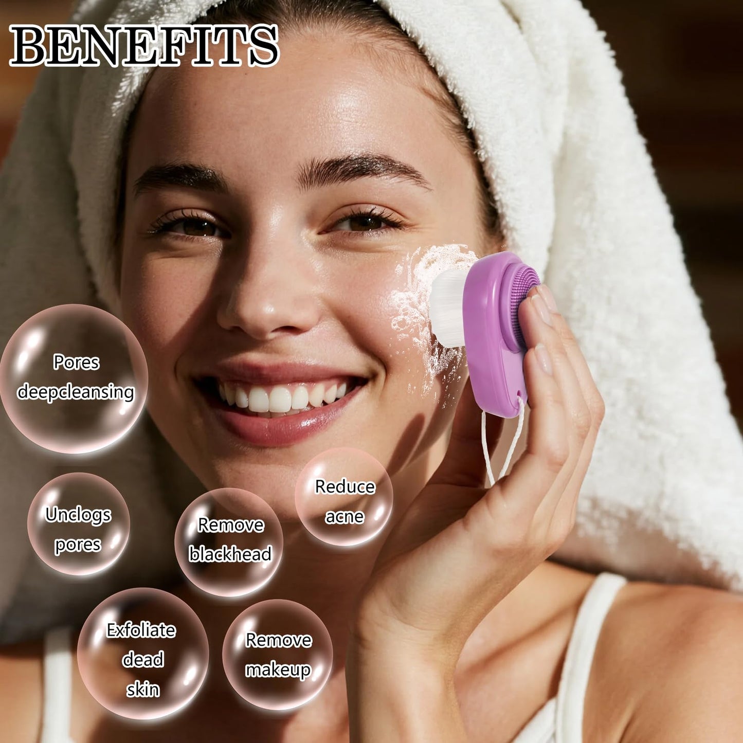 2 Pack Facial Cleansing Brush 2 in 1 for Face Exfoliation, Soft Bamboo Charcoal Microfiber Bristle Dual Face Silicone Scrubber Brush for Pore Deep Cleansing Skincare with Lid, Black+Gradient