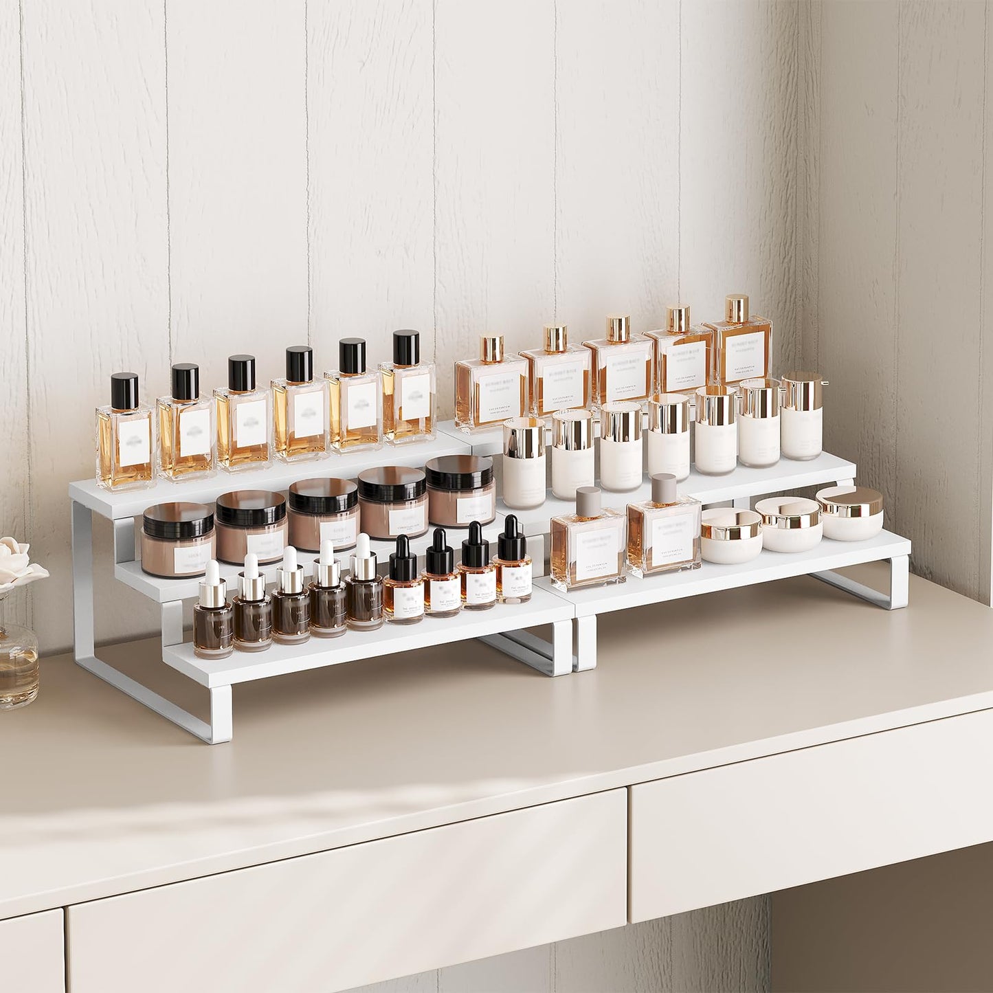 YATINEY Spice Rack, Wooden Display Riser Stand, Set of 2, Vanity Display Stand, Perfume Organizer, Tiered Countertop Organizers, Space Saving, for Kitchen Spices,Syrup, Coffee Mugs, White SR03L2WW