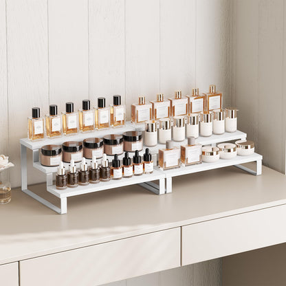 YATINEY Spice Rack, Wooden Display Riser Stand, Set of 2, Vanity Display Stand, Perfume Organizer, Tiered Countertop Organizers, Space Saving, for Kitchen Spices,Syrup, Coffee Mugs, White SR03L2WW