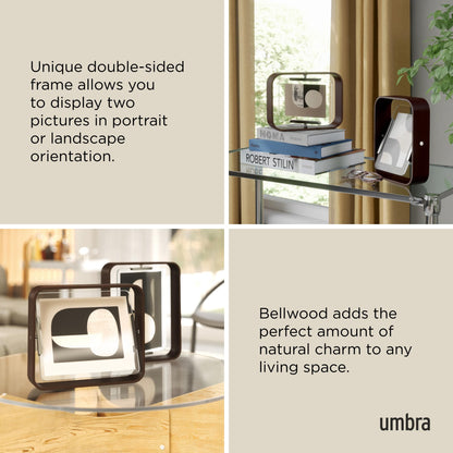 Umbra Bellwood 4x6 Desk Picture Frame – Double Sided Rotating Wooden Photo Frame with 360-Degree Pivot, Tabletop Display for Portrait or Landscape Photos – Aged Walnut