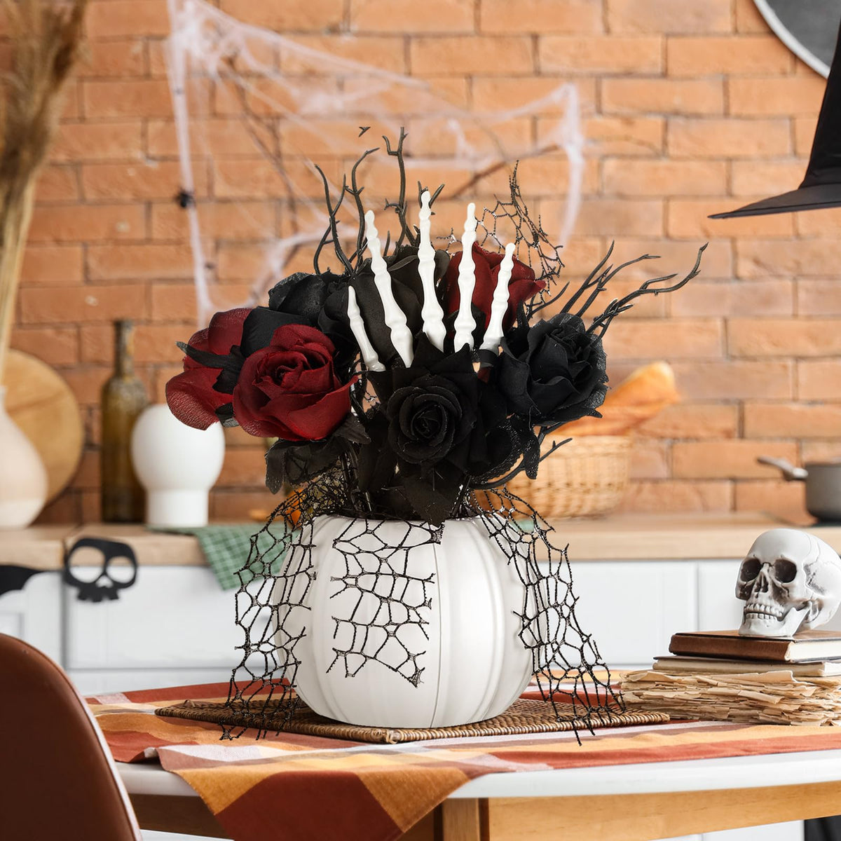Chuangdi Halloween Table Centerpieces Decorations Halloween Table Artificial Flowers Decor Gothic Skeleton Hand with Black Red Fake Roses Removable Pumpkin Vase for Party Dining Photo Props