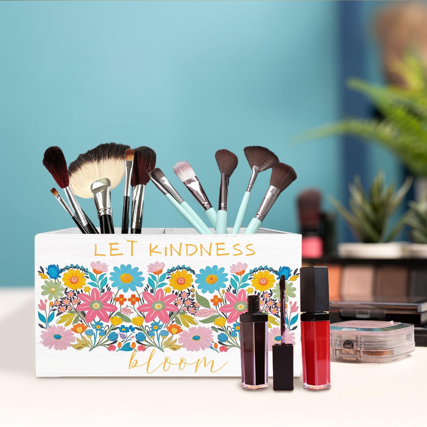 HYKDFMNCJ Boho Floral Mental Health Pen Holder for Desk, Let Kindness Bloom Wooden Box Sign Desk Decor for Therapy Office Classroom Decoration, Psychology Pencil Organizer, Kindness Gifts