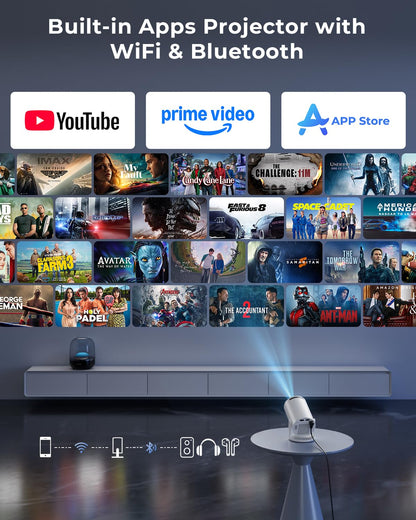 Mini Projector, Portable Projector with Wifi and Bluetooth, Built in Apps, Support 4K 1080P, 180° Rotation, Auto Keystone, Movie Projector Compatible With HDMI/USB/TV Stick/Smartphone/Laptop