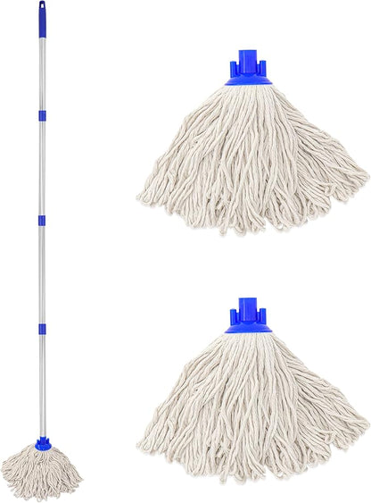 Cotton Cloth Mop, 4 Section Stainless Steel Pole + Two Cotton String Mop Heads