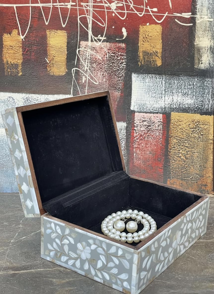 HANDMADE ENTARO Decorative Wooden Storage Box with Mother of Pearl Inlay – Elegant Floral Design – Perfect for Home Décor in Living Room, Dining Area, or Bedroom (Grey, 9x6x3.5 inch)