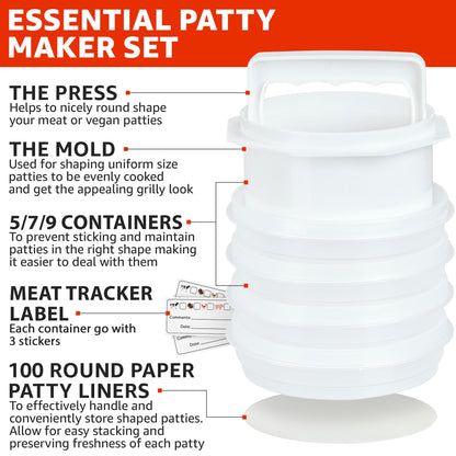 Mission Gallery Hamburger Press Patty Maker - 4 in1, Burger Mold, Patty Press, 7 Storage Containers, 100 Round Papers - Hamburger Patty Maker Tool for BBQ - Burger Shaper for Meat, Veggie Patties