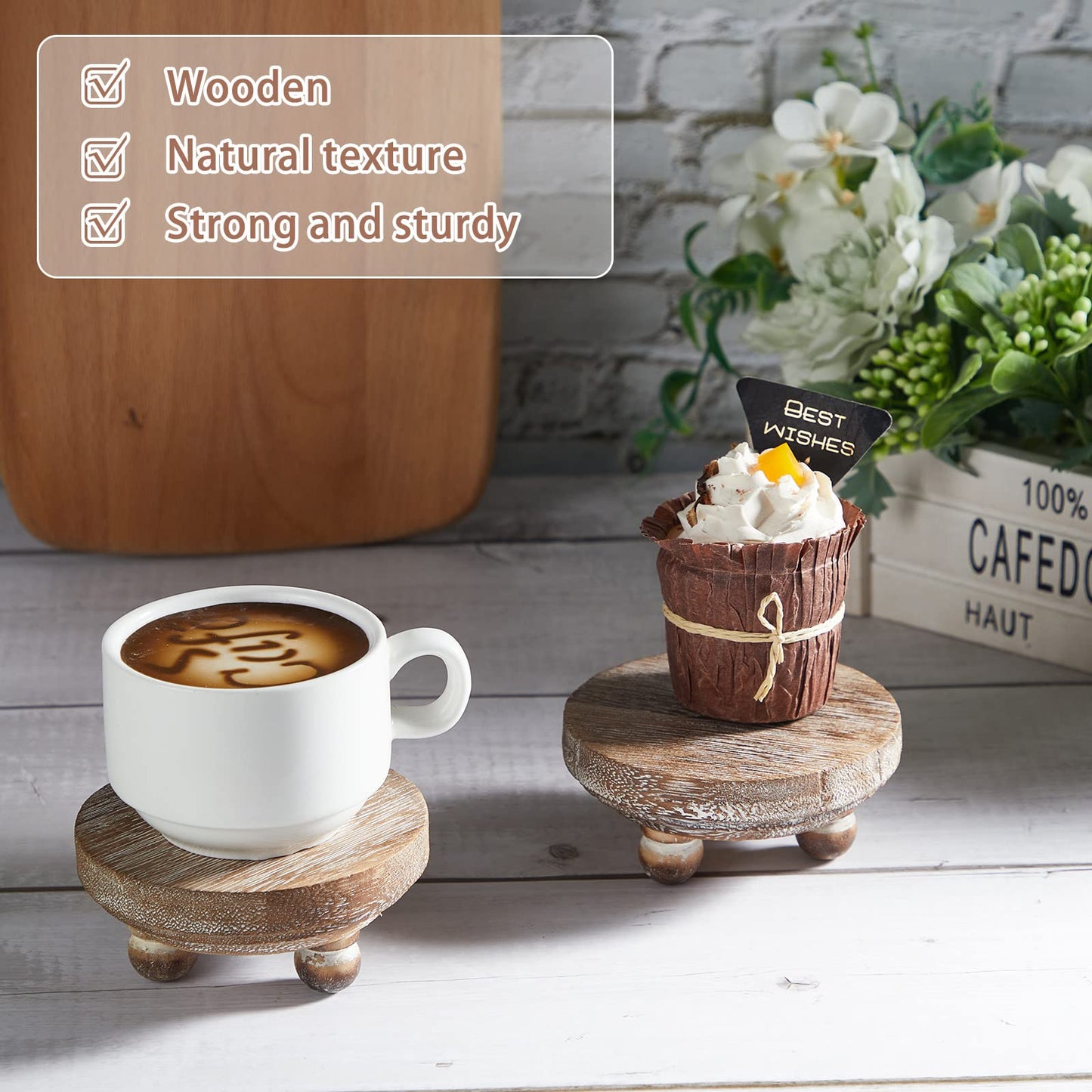 Yalikop Set of 4 Mini Wood Risers for Decor Round Wooden Riser Small Wooden Stool Display Decorative Farmhouse Rustic Wood Pedestal Stand for Plant Pot Tiered Tray Cake Food Home(Brown)