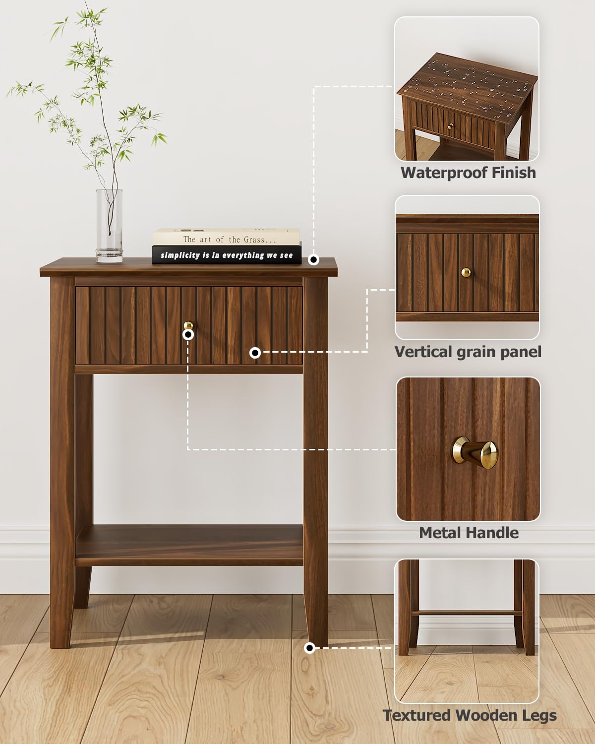 Apetaccat Fluted Nightstand, Farmhouse Night Stand with 1 Drawers, Mid Century Modern Side Accent Table,Bedside End Table for Bedroom, Living Room, Brown