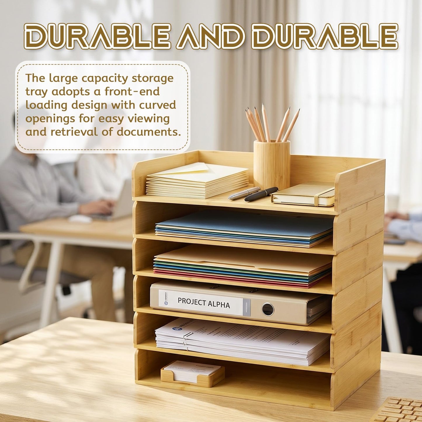 Novabright 6 Pcs Stackable Paper Organizer Tray Acacia Wood Desk Organizer Letter Tray Desktop Letter Size Office Wooden Desk Shelf Paper Holder Folder Organization Rack for File Document(Bamboo)