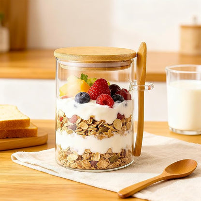 Overnight Oats Containers With Lids and Spoons, 2pack Glass Jars with Bamboo Lids, Leak-Proof Overnight Oats Jars for Cereal, Yogurt, Chia Pudding