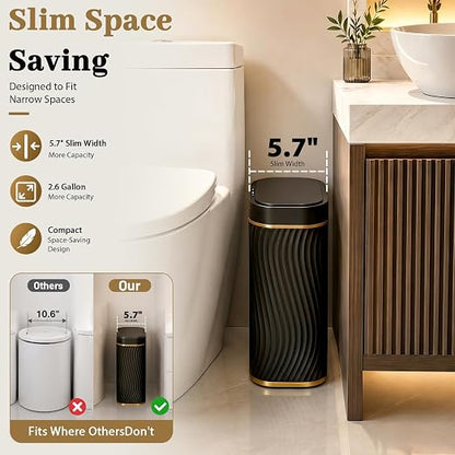 steo spce Automatic Motion Sensor Bathroom Small Trash Can with Lid, 2.6 Gallon Black Touchless Slim Garbage Can, Smart Waterproof Trash Bin for Bedroom, Restroom, Living Room, Office
