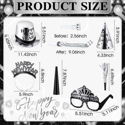 Junkin 54 Pcs New Years Eve Party Supplies 2026 Kit for 24 Guests Include Top Hats Cone Hats Glasses Headbands Blowing Dragon Trumpet Happy New Year Decorations Bulk Party Favors (two-tone)