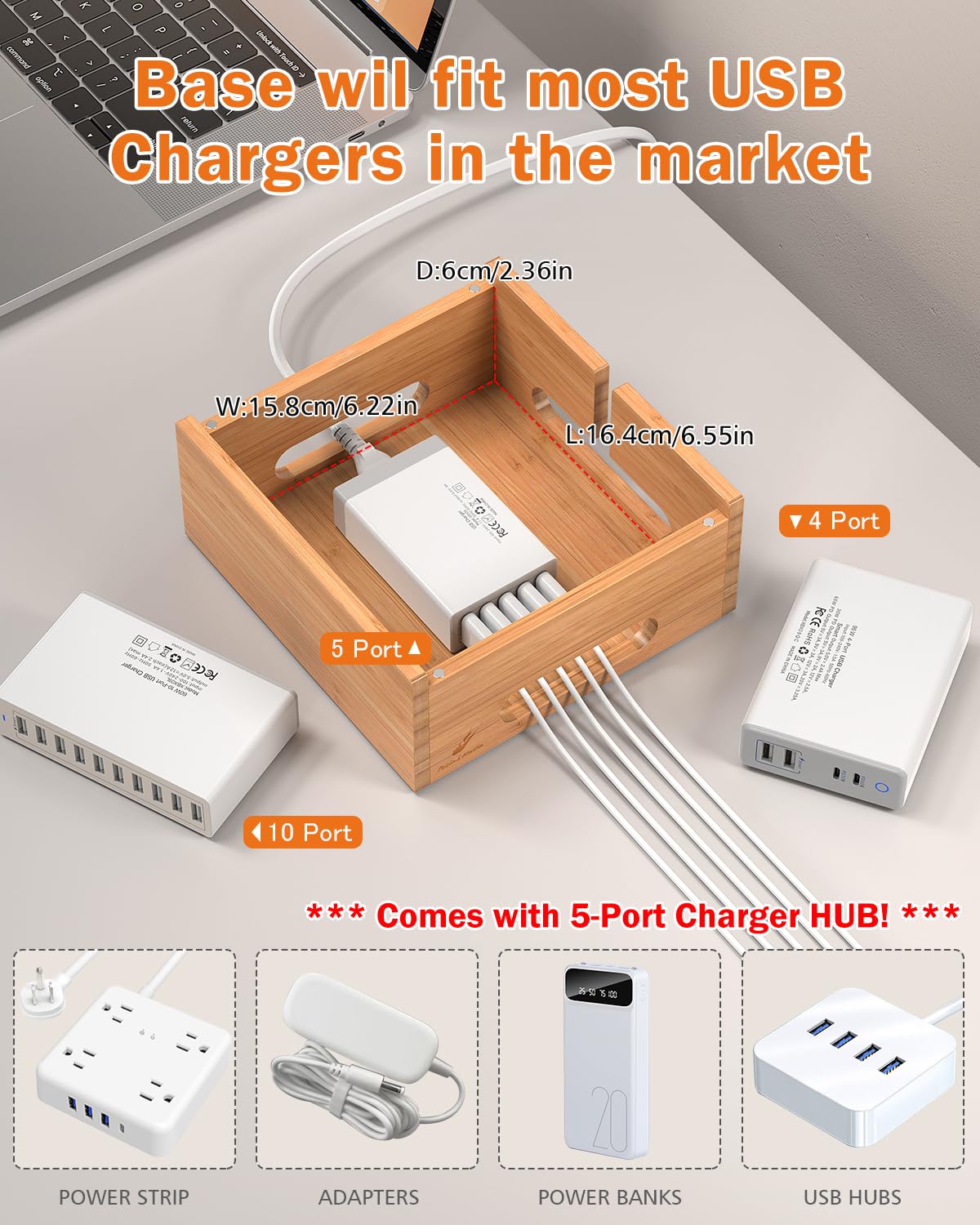 Pezin & Hulin Bamboo Charging Station for Multiple Devices, with Power Charger, Wire Cables 5 Pack, Compatible with Multi Phones & Tablet, for Earbuds & Smart Watch