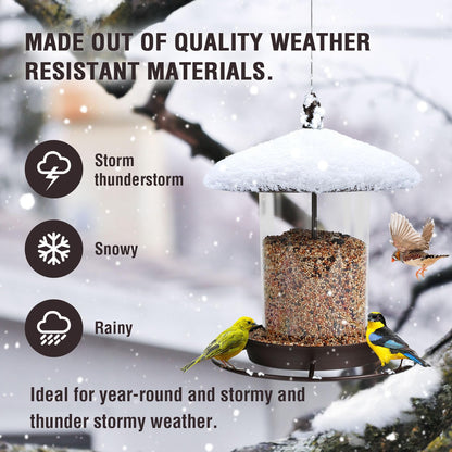 Metal Bird Feeder for Outdoors Hanging,3.0LB Seed Feeder,Easy to Fill & Clean,360° Feeding,Weatherproof Roof for Gardens and Wild Birds,Brown