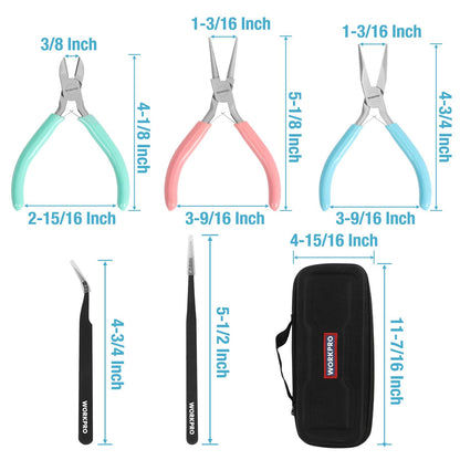 WORKPRO 5-Piece Jewelry Pliers Kit - Round Nose, Chain Nose, Wire Cutters, Pointed & Curved Tweezers, Case Included