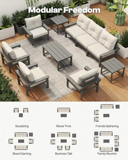 HDPE Outdoor Patio Furniture Set, 10-Piece Patio Conversation Set with 3-Seat Sofa, 4 Armchairs, 2 Side Tables & 1 Coffee Table, All-Weather Outdoor Sofa Set for Deck, Porch(Grey Frame)