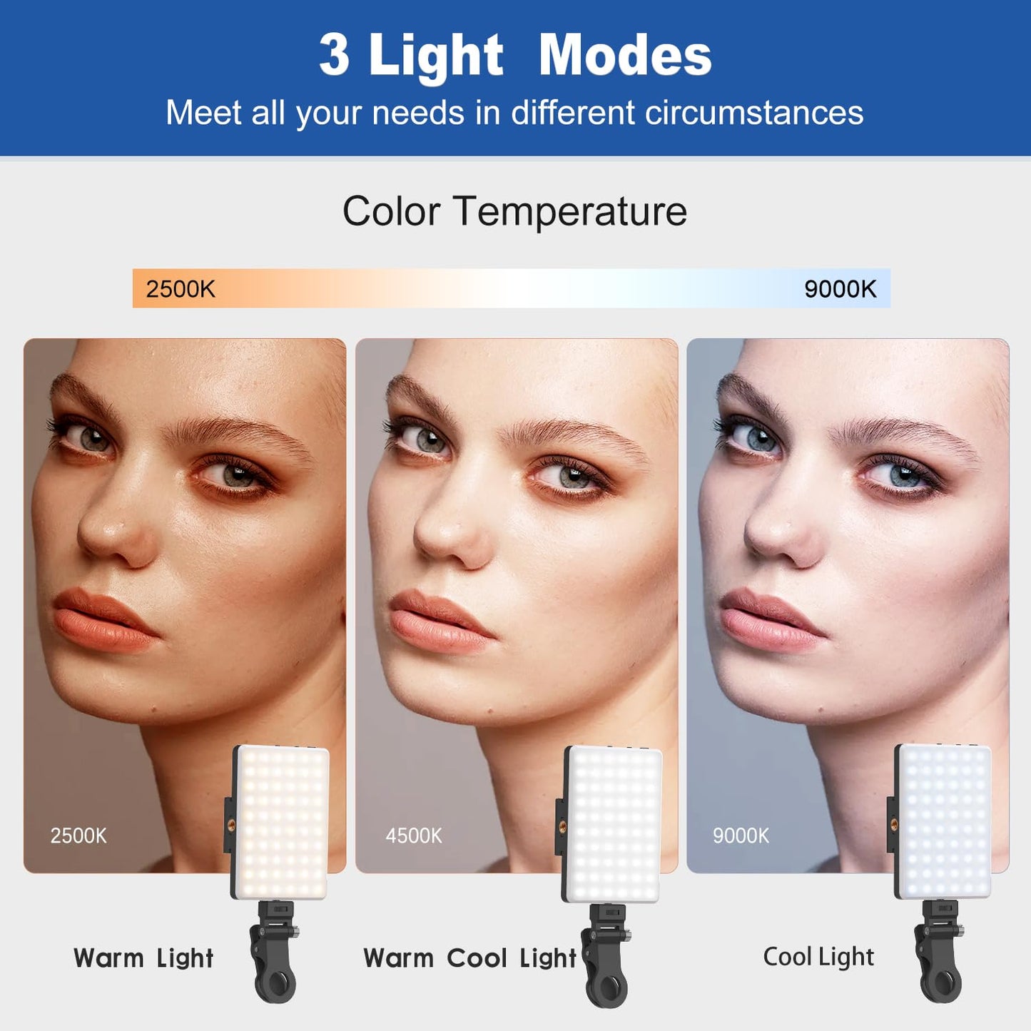 Selfie Light, Phone Light with Front & Back Clip, 60 LED Portable Light with 3 Modes, 5000mAh Rechargeable Video Light for Phone, iPhone, IPad, Laptop, TikTok, Makeup, Live Stream, Vlog