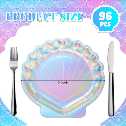 Zopeal 96 Pcs Mermaid Paper Plates Seashell Plates Party Supplies 9 Inch Disposable Iridescent Holographic for Girl Kids Birthday Party Decorations