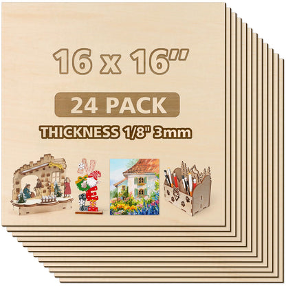 Adrattnay Basswood Sheets 3mm - 1/8 x 16 x 16 inch, 24pcs Square Laser Basswood Plywood for Laser Cutting & Engraving DIY Crafts, Wood Burning, Painting, Architectural Model Building