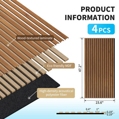 Art3d 4-Pack 47x23.6 Inch Acoustic Panels with Wood Slat Design - Soundproof Wall Panel for Office, Gaming Room & Studio, Ideal for Streamers, Home Workers & Recent Movers, Walnut