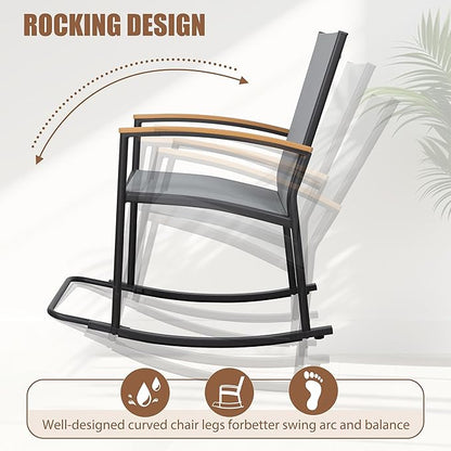 Shintenchi 3 Piece Outdoor Rocking Bistro Set, Textilene Fabric Small Patio Furniture Set, Front Porch Rocker Chairs Conversation Set with Table for Lawn, Garden, Balcony, Poolside (Light Gray)