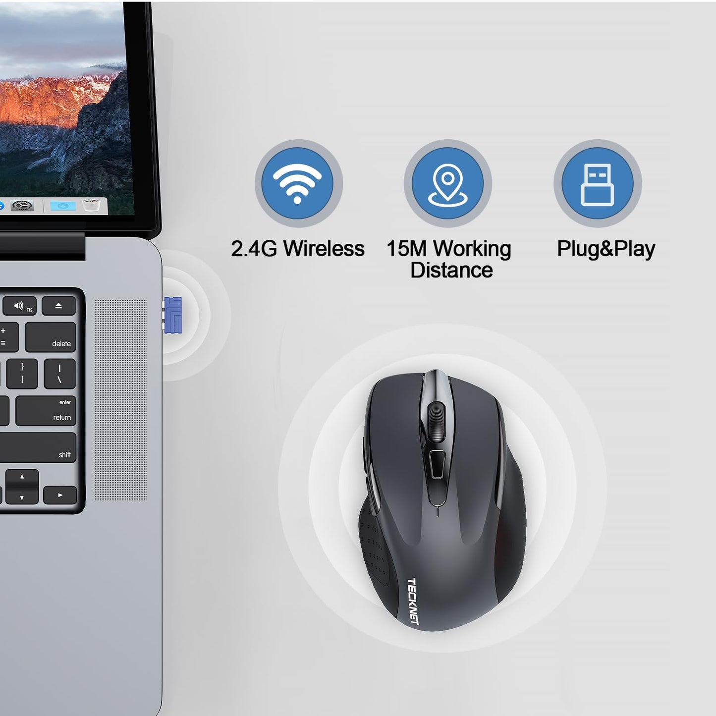 TECKNET Wireless Mouse Rechargeable, 2.4G USB-A Silent Mouse, Quiet Click, 6 Adjustable 4800 DPI, Cordless Computer Mice, Ergonomic Mice for Laptop, 6 Buttons for Chromebook, Ergo Grip - Black
