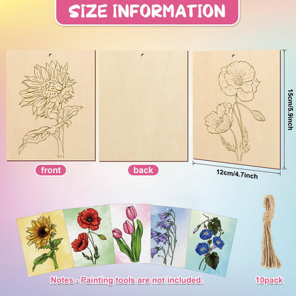 COCHIE 10 Pieces Large Flowers Unfinished Wood Crafts to Paint for Adults, Bulk Predrilled Wooden Ornaments for Painting, Tulips Flower Paintable Wood Slices Craft Supplies with Ropes
