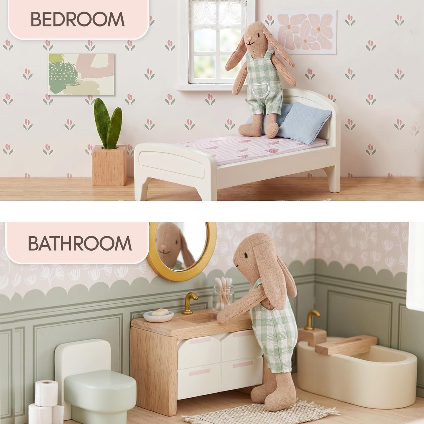 Giant bean 33PCS Wooden Dollhouse Furniture Set for Kids, Modern Pink Doll House Furniture Accessories with Bedroom, Nursery, Kitchen, Bathroom,Living Room, Montessori Pretend Play Toys for Girls 3+