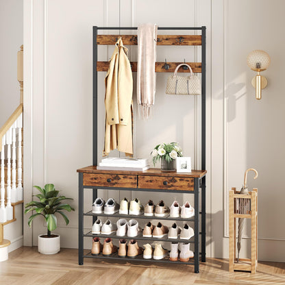 HOOBRO Hall Tree, Entryway Coat and Shoe Rack, 2 Fabric Drawers, Hall Tree with Bench, Shoe and Coat Rack, Coat Rack with Shoe Storage, 4 Tier Shoe Organizer, 9 Hooks, Rustic Brown and Black BF81MT01