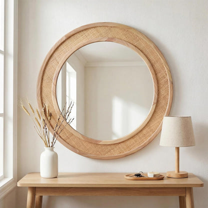 Tunjig 24" Round Rattan Mirror, Circle Wall Mirror, Farmhouse Wooden Vanity Mirror with Handmade Wicker Frame, Decorative Boho Mirror for Nursery Bedroom Living Room Entryway Nature