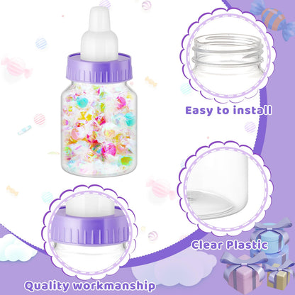 Patelai 36 Pcs 3.5 Inch Baby Bottle Shower Favor Mini Plastic Candy Bottle Clear Bottles for Baby Shower Mini Feeding Candy Figurine Coin Trinket Box for Mom to Be Party Baptism Newborn Gift(Purple)