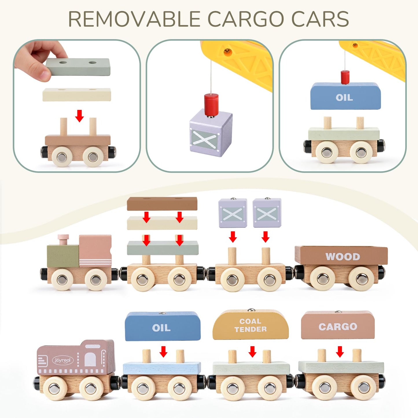 Wooden Train Set for Toddlers, 12PCS Montessori Magnetic Train Cars with Storage Gift Box, Compatible with Major Brands, Wooden Baby Stacking Blocks Toy, Birthday Gift for Boys Girls Ages 1-3 3-5+